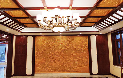 柳北中式别墅客厅中式木作横梁吊顶装饰展示