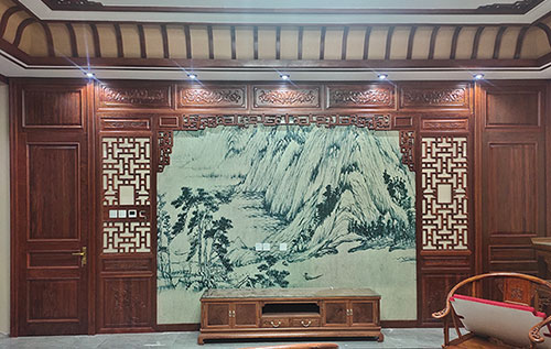 柳北中式仿古别墅客厅背景墙花格木作装饰